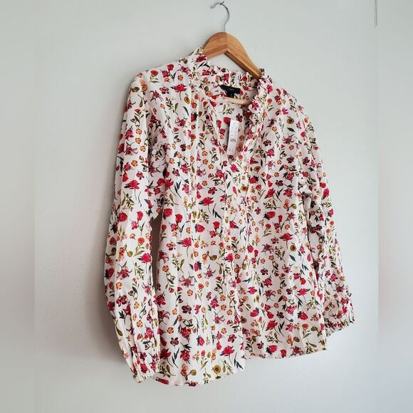 J.Crew NWT Scalloped tie-neck top elastic sleeve in print vint.floral size Small - Picture 2 of 10
